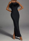 Robe de soirée femmes avec détails en plumes - élégante robe maxi noire pour une allure chic