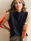Pull pour femmes au design rétro chic bleu et orange - sweat à col classique pour un style décontracté