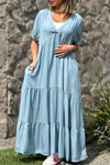 Robe maxi à volants pour femmes à manches courtes - décolleté en v pour un look décontracté d'été