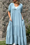 Robe maxi à volants pour femmes à manches courtes - décolleté en v pour un look décontracté d'été