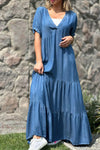 Robe maxi à volants pour femmes à manches courtes - décolleté en v pour un look décontracté d'été