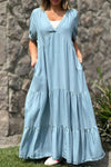 Robe maxi à volants pour femmes à manches courtes - décolleté en v pour un look décontracté d'été