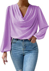 Blouse femme à col drapé - haut élégant à manches longues