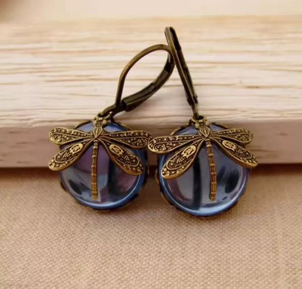 Boucles d'oreilles libellule suspendues - boucles en bronze vintage pour femmes