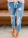 Jeans skinny distressed pour femmes avec cordon de serrage - pantalons en denim extensible polyvalents pour sorties décontractées