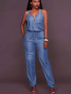 Combinaison en denim avec zip frontal et taille élastique - playsuit tendance pour femmes
