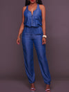 Combinaison en denim avec zip frontal et taille élastique - playsuit tendance pour femmes
