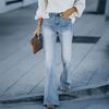 Jeans évasés femme taille haute - pantalon décontracté tendance bleu clair à pattes d'éléphant