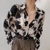 Chemisier en chiffon pour femmes - haut élégant à manches longues - imprimé noir et beige pour un style décontracté
