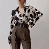 Chemisier en chiffon pour femmes - haut élégant à manches longues - imprimé noir et beige pour un style décontracté