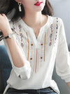 Blouse blanche brodée légère en coton pour femmes - manches longues élégantes pour soirées décontractées