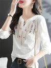 Blouse blanche brodée légère en coton pour femmes - manches longues élégantes pour soirées décontractées