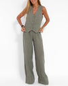 Ensemble 2 pièces en lin : pantalon large et débardeur - look estival chic pour femmes