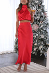 Ensemble en satin 2 pièces - top court sophistiqué et jupe maxi