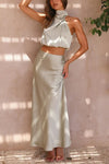 Ensemble en satin 2 pièces - top court sophistiqué et jupe maxi