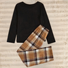 Ensemble pyjama noir 2 pièces pour femmes - haut col rond avec pantalon à carreaux