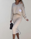 Ensemble tricot 2 pièces - top en v et jupe midi pour femmes