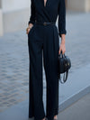 Jumpsuit féminin élégant à jambes larges noir - design ceinturé à double boutonnage pour les dames sophistiquées
