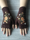 Gants à mi-doigts - gants en laine avec broderie abeille et fleur pour dames