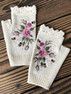 Gants à mi-doigts - gants en laine avec broderie abeille et fleur pour dames