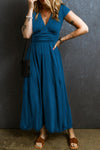 Robe maxi - robe femme à manches courtes et décolleté en v plissé