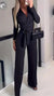 Combinaison féminine élégante à encolure croisée noire - tenue décontractée chic à manches longues