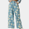 Jean large femme en denim bleu à fleurs