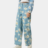 Jean large femme en denim bleu à fleurs
