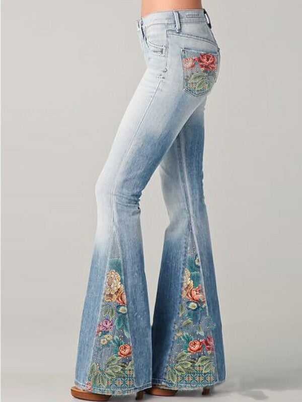 Jeans évasés avec imprimé floral vintage - pantalons en denim tendance pour femmes