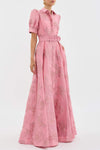 Robe longue femme à manches bouffantes - détails floraux luxueux en rose pour les soirées