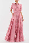 Robe longue femme à manches bouffantes - détails floraux luxueux en rose pour les soirées