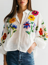 Chemisier en coton blanc brodé de fleurs - blouse décontractée à manches longues pour toutes les occasions