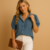 Chemisier en denim femme - blouse élégante à manches bouffantes, style décontracté en bleu apaisant