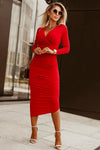 Robe rouge moulante - robe longue à manches longues et décolleté en v pour femmes