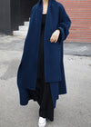Manteau en laine - élégant manteau long bleu pour femmes avec écharpe