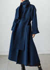 Manteau en laine - élégant manteau long bleu pour femmes avec écharpe