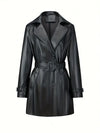 Manteau trench en cuir - manteau noir long et élégant pour femme