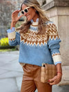 Pull haut col en maille fair isle - pull en tricot bleu pour dames