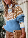 Pull haut col en maille fair isle - pull en tricot bleu pour dames