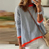 Pull rayé - joli pull bleu et blanc avec des finitions orange pour femmes