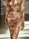 Robe bodycon imprimée satin floral - robe de soirée champagne pour femmes