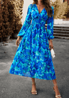 Robe maxi florale - élégante robe longue femme avec taille froncée