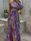 Robe maxi lilas à imprimé floral, épaule dénudée