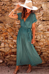 Robe maxi wrap verte foncée avec plis pour femmes
