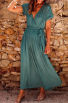 Robe maxi wrap verte foncée avec plis pour femmes
