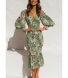 Robe midi à imprimé floral vert olive - élégante robe à col en v pour femmes
