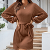 Robe mini tricotée - robe dames à côtes avec ceinture élégante