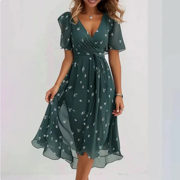 Robe portefeuille florale pour femmes - une tenue charmante à mi-mollet