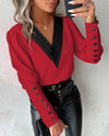 Blouse femme à col v avec manches boutonnées - haut chic pour le bureau et les sorties casual