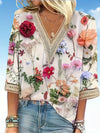 T-shirt pour femmes à imprimé paisley - col v avec dentelle contrastante et manches mi-longues